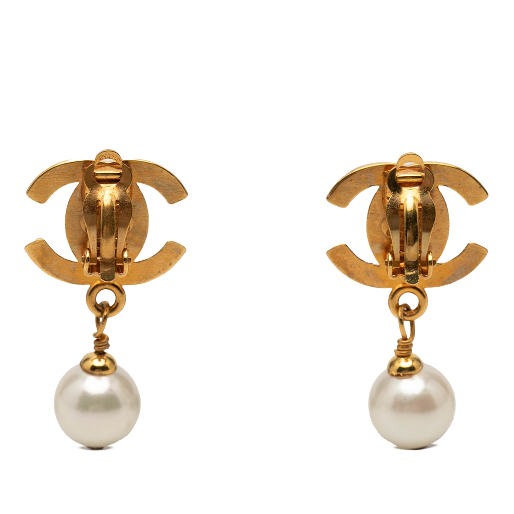 Pre-Loved Chanel CC Gold Plated Turnlock Faux Pearl Drop Clip On Earrings - Picture 2 of 3